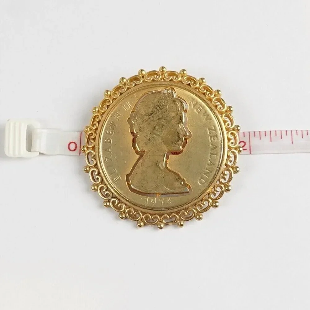 1974 Elizabeth II New Zealand Framed Cut Coin Brooch Gold Tone